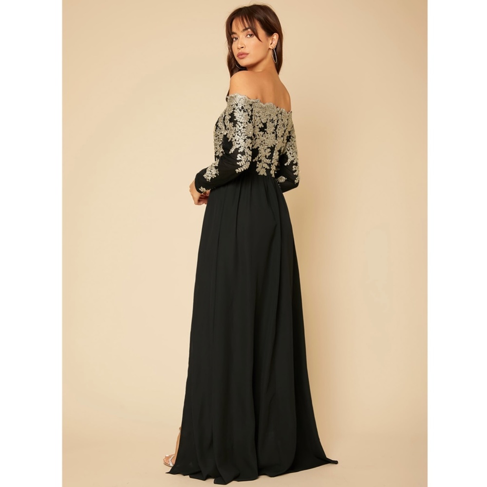 Off Shoulder Embroidered High Slit Maxi Dress Black Gold Long Sleeve - Picture 4 of 16